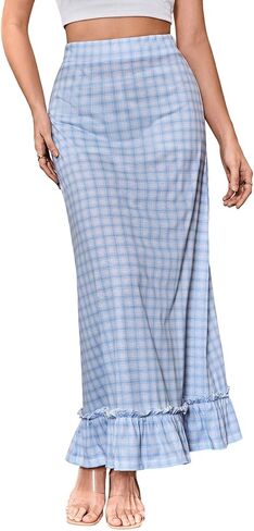 SHENHE Women's Gingham Skirt Ruffle Hem A Line Long Skirt High Waist Plaid Maxi Skirt in Saudi Arabia