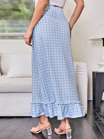 SHENHE Women's Gingham Skirt Ruffle Hem A Line Long Skirt High Waist Plaid Maxi Skirt in Saudi Arabia