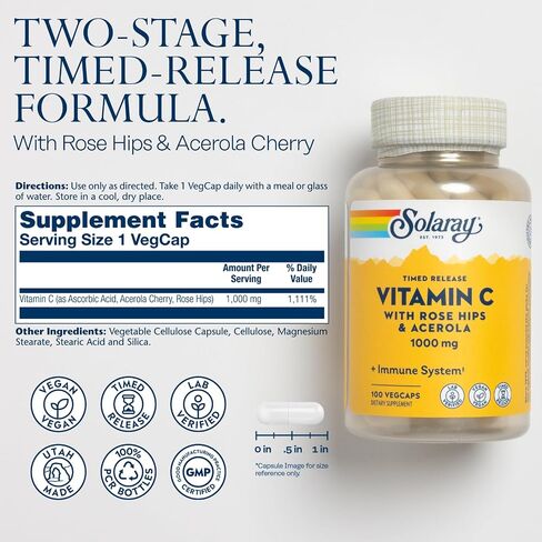 Solaray Vitamin C 1000mg كبسولات إطلاق موقوتة مع الوركين الورد و Acerola Bioflavonoids ، على مرحلتين للامتصاص العالي ودعم وظائف المناعة طوال اليوم ، ضمان 60 يومًا ، 275 حصصًا ، 275 Vegcaps in Saudi Arabia