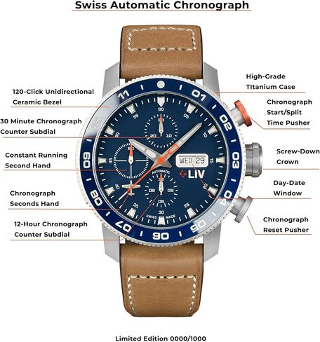 LIV P-51 Titanium 46MM Swiss Automatic Day-Date Chrono Men's Watch - Unidirectional Ceramic Bezel- High-Grade Titanium Case - Sapphire Crystal in Saudi Arabia