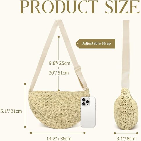 حقيبة Crossbody Straw للنساء الصيفية شاطئ Leach Handbag Crescent Counter Hounder مع حزام قابل للتعديل 2025 in Kuwait