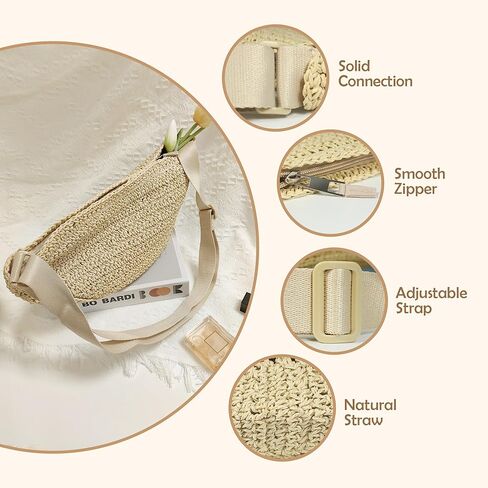 حقيبة Crossbody Straw للنساء الصيفية شاطئ Leach Handbag Crescent Counter Hounder مع حزام قابل للتعديل 2025 in Kuwait