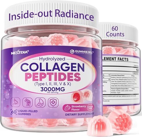 Sugar Free Collagen Peptides Gummies for Women & Men 3000mg w/Antioxidant Blend & Digestive Enzymes, Multi Hydrolyzed Collagen (Type I,II,III,V,X) for Anti-Aging, Hair, Skin, Nails, Digestion, 60Cts in Saudi Arabia