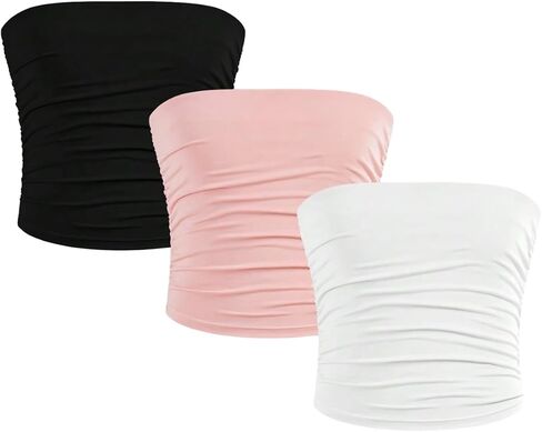 Milumia Girl's 3 Pack Tube Tops Ruched Brandlessless Solid Solid Bandeau Tops in Saudi Arabia