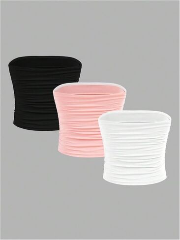 Milumia Girl's 3 Pack Tube Tops Ruched Brandlessless Solid Solid Bandeau Tops in Saudi Arabia