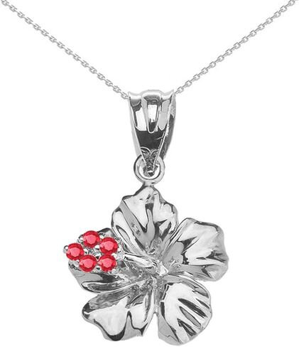 Dainty Sterling Silver Red CZ Caribbean Hibiscus (Malvaceae) Pendant Necklace in Saudi Arabia