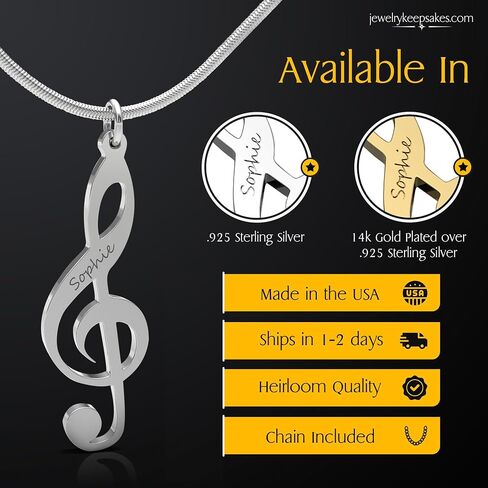 Personalized Music Note Treble Clef Name Necklace in .925 Sterling Silver or Gold Plated. Choose Any Name or Message. Includes 20" Matching chain. Perfect for music lovers or musicians. in Saudi Arabia