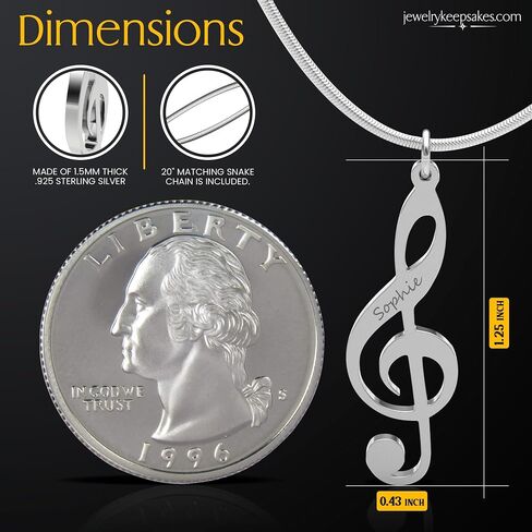 Personalized Music Note Treble Clef Name Necklace in .925 Sterling Silver or Gold Plated. Choose Any Name or Message. Includes 20" Matching chain. Perfect for music lovers or musicians. in Saudi Arabia