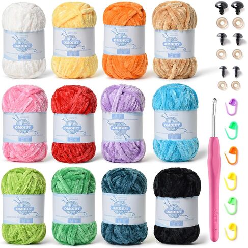 12 Pack 590 (yd) Chunky Chenille Yarn for Crocheting and Hand Knitting with Black Red White Green Yellow Orange Plush Velvet Yarn，Baby Blanket Yarn for Crocheting Soft Amigurumi Yarn in Kuwait