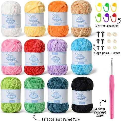 12 Pack 590 (yd) Chunky Chenille Yarn for Crocheting and Hand Knitting with Black Red White Green Yellow Orange Plush Velvet Yarn，Baby Blanket Yarn for Crocheting Soft Amigurumi Yarn in Kuwait