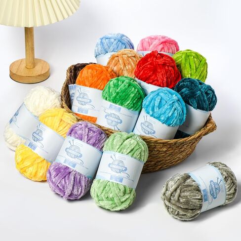 12 Pack 590 (yd) Chunky Chenille Yarn for Crocheting and Hand Knitting with Black Red White Green Yellow Orange Plush Velvet Yarn，Baby Blanket Yarn for Crocheting Soft Amigurumi Yarn in Kuwait