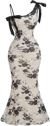 Verdusa Women's Floral Print Bowknot Bodycon Maxi Dress Sleeveless Asymmetric Strap Fishtail Dress in Saudi Arabia