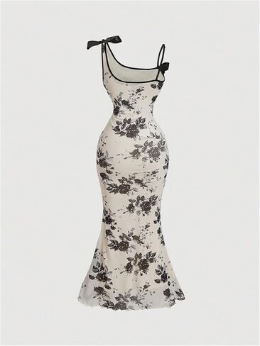 Verdusa Women's Floral Print Bowknot Bodycon Maxi Dress Sleeveless Asymmetric Strap Fishtail Dress in Saudi Arabia