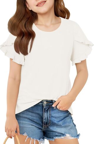 Girls Cute Ruffle Sleeve T-Shirt, Loose Fit Crewneck Summer Top for Kids 5-14 Years in Saudi Arabia