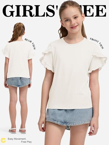Girls Cute Ruffle Sleeve T-Shirt, Loose Fit Crewneck Summer Top for Kids 5-14 Years in Saudi Arabia