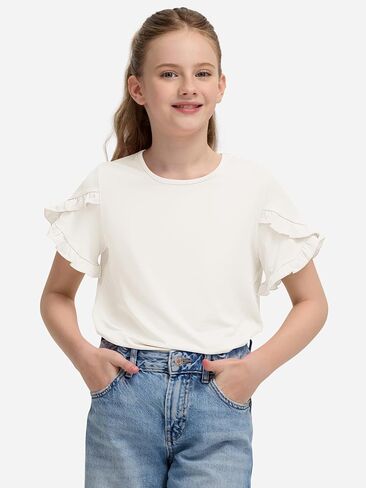 Girls Cute Ruffle Sleeve T-Shirt, Loose Fit Crewneck Summer Top for Kids 5-14 Years in Saudi Arabia