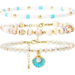 Shell Anklet Bracelets for Women 14K Gold Boho Bead Anklet Adjustable Womens Anklets Stretch Summer Beach Shell Drawstring Starfish Daisy Anklets Accessories Jewelry Gifts in Saudi Arabia