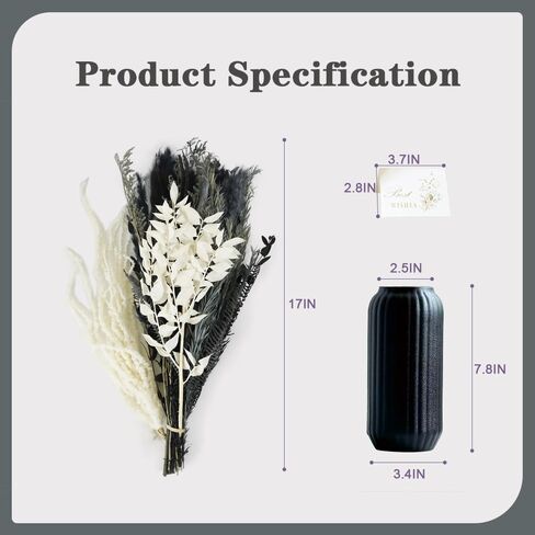 YNWYH Natural Pampas Grass Decor with Ceramic Vase Boho Home Decor Bouquet Phragmites Dried Flowers Bouquet for Home Decor, Wedding, Easter, Housewarming Gift (Black) in Kuwait
