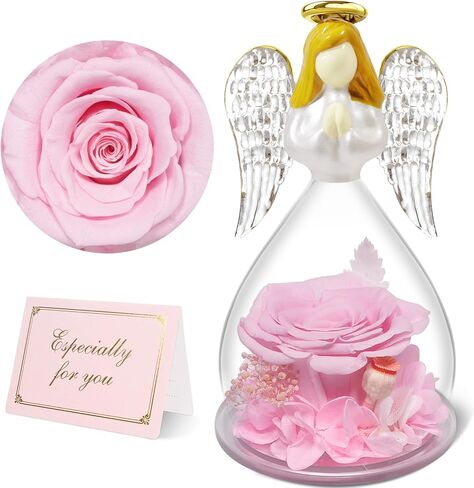 Yamonic Preserved Flowers Rose Birthday Gifts for Women Mom in Glass Angel Figurines,Mothers Day Rose Gifts for Mom Grandma,Christmas Angel Rose Gifts for Her,Mothers,Valentine's Day,Anniversary(Pink) in Saudi Arabia