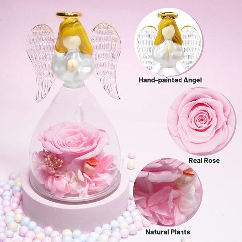 Yamonic Preserved Flowers Rose Birthday Gifts for Women Mom in Glass Angel Figurines,Mothers Day Rose Gifts for Mom Grandma,Christmas Angel Rose Gifts for Her,Mothers,Valentine's Day,Anniversary(Pink) in Saudi Arabia