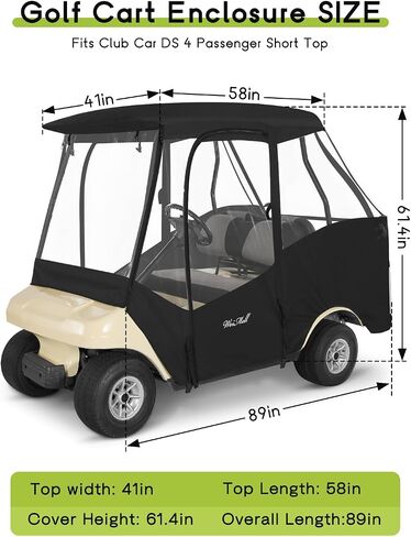 Golf Cart Enclosure 4 Passenger for Club Car DS 2+2 Enclosure Waterproof Windproof Driving Rain Cover Fit 4-Seater Short Roof with 4-Sided Clear Windows Mirror Zipper Roll-up Door Black in Saudi Arabia