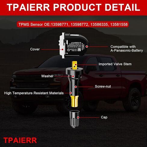 5pcs TPMS Sensor مع أداة Relearn ، 315 ميجا هرتز OE 13598771 13598772 13586335 13581558 EL-50448 نظام مراقبة ضغط الإطارات متوافق مع شيفروليه/تشيفي/سيلفرادو/GMC/بويك/كاديلاك (أسود) in Kuwait