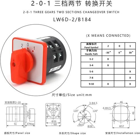 LW6D-2/B184 5A 3 Position 2-0-1 Red Panel Adjustable Transfer Electrical Rotary Universal Changeover Cam Switch in Saudi Arabia