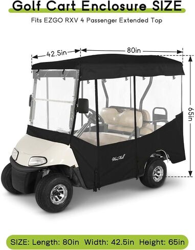 Golf Cart Enclosure 4 Passenger for Club Car DS 2+2 Enclosure Waterproof Windproof Driving Rain Cover Fit 4-Seater Short Roof with 4-Sided Clear Windows Mirror Zipper Roll-up Door Black in Saudi Arabia