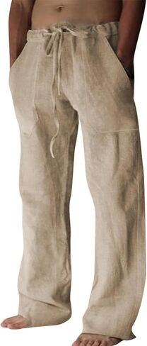 Mens Cotton Linen Pants Loose Fit Drawstring Casual Beach Yoga Pants for Men in Saudi Arabia