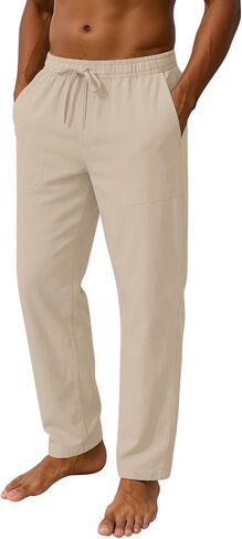 Mens Cotton Linen Pants Loose Fit Drawstring Casual Beach Yoga Pants for Men in Saudi Arabia