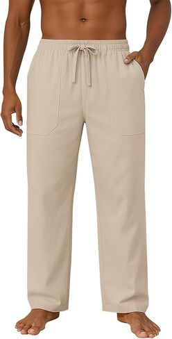Mens Cotton Linen Pants Loose Fit Drawstring Casual Beach Yoga Pants for Men in Saudi Arabia