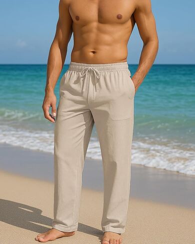 Mens Cotton Linen Pants Loose Fit Drawstring Casual Beach Yoga Pants for Men in Saudi Arabia
