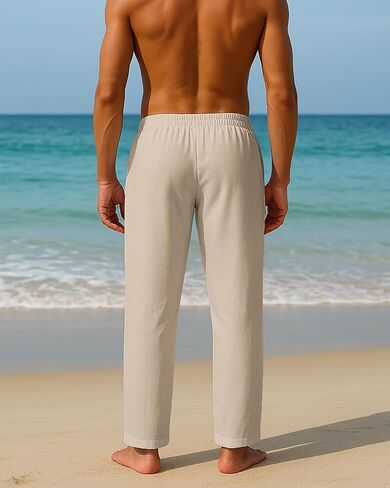 Mens Cotton Linen Pants Loose Fit Drawstring Casual Beach Yoga Pants for Men in Saudi Arabia
