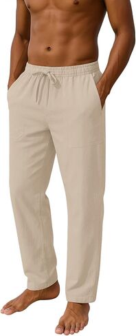 Mens Cotton Linen Pants Loose Fit Drawstring Casual Beach Yoga Pants for Men in Saudi Arabia