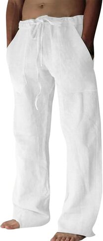 Mens Cotton Linen Pants Loose Fit Drawstring Casual Beach Yoga Pants for Men in Saudi Arabia