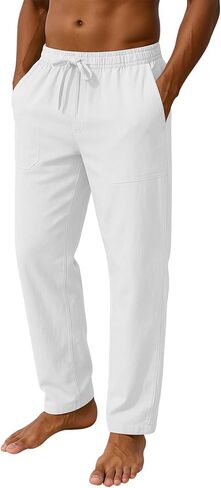 Mens Cotton Linen Pants Loose Fit Drawstring Casual Beach Yoga Pants for Men in Saudi Arabia
