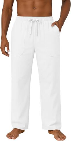 Mens Cotton Linen Pants Loose Fit Drawstring Casual Beach Yoga Pants for Men in Saudi Arabia