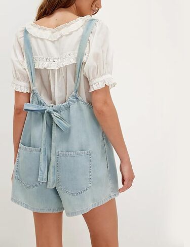 Women's Denim Romper Backless Loose Fit One-piece Shorts Jumpsuit Adjustable Straps with Pockets in Saudi Arabia