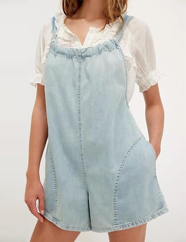 Women's Denim Romper Backless Loose Fit One-piece Shorts Jumpsuit Adjustable Straps with Pockets in Saudi Arabia