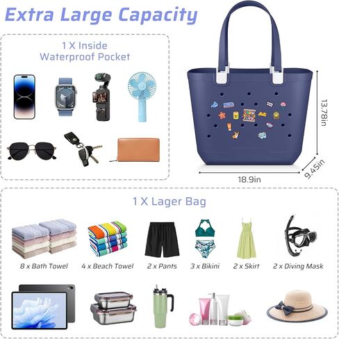 XL EVA Rubber Beach Bag, 19 x 13.7 x 9.5 inch Waterproof Tote Bag, Durable Washable Beach Tote Handbag for Travel in Saudi Arabia
