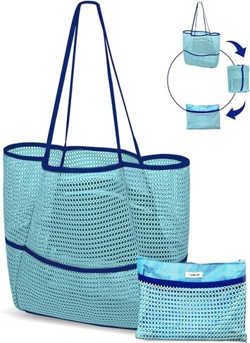 Mesh Beach Tote Bag Packable,2025 New 2-in-1 Large Lightweight Foldable Beach Bags with Multiple Pockets for Women in Kuwait