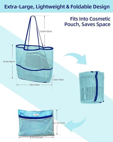 Mesh Beach Tote Bag Packable,2025 New 2-in-1 Large Lightweight Foldable Beach Bags with Multiple Pockets for Women in Kuwait