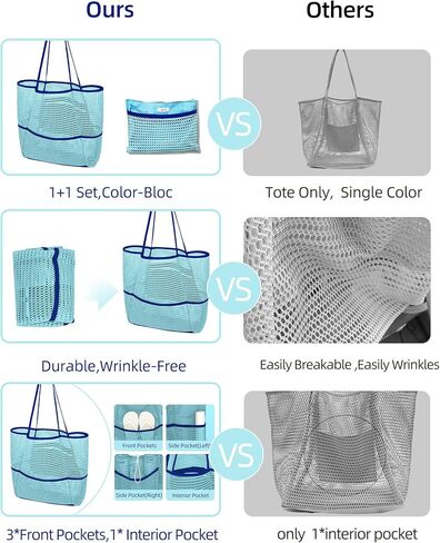 Mesh Beach Tote Bag Packable,2025 New 2-in-1 Large Lightweight Foldable Beach Bags with Multiple Pockets for Women in Kuwait