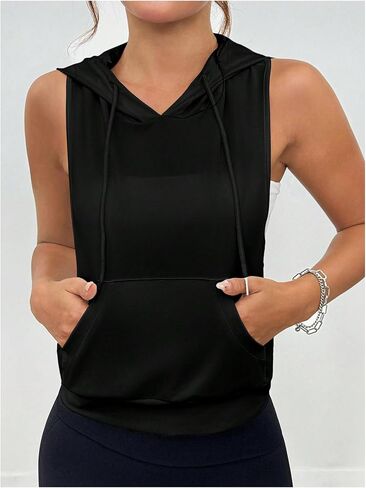 SweatyRocks Women's Sleeveless Low Cut Racerback Hoodies Workout Tops Cropped Hooded Tanks with Pocket in Saudi Arabia