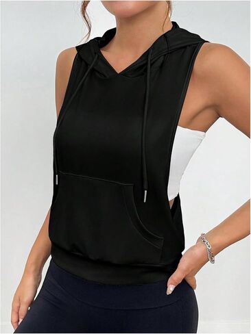 SweatyRocks Women's Sleeveless Low Cut Racerback Hoodies Workout Tops Cropped Hooded Tanks with Pocket in Saudi Arabia
