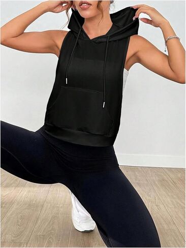 SweatyRocks Women's Sleeveless Low Cut Racerback Hoodies Workout Tops Cropped Hooded Tanks with Pocket in Saudi Arabia