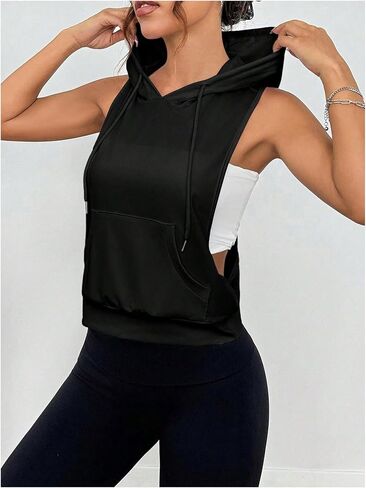 SweatyRocks Women's Sleeveless Low Cut Racerback Hoodies Workout Tops Cropped Hooded Tanks with Pocket in Saudi Arabia