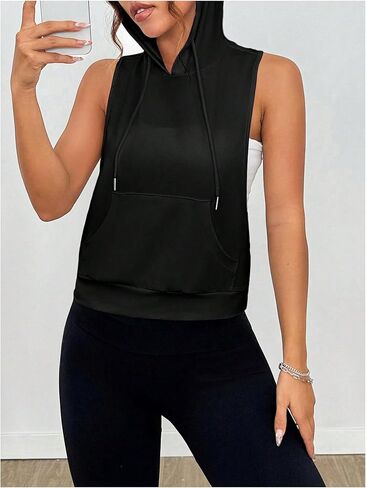 SweatyRocks Women's Sleeveless Low Cut Racerback Hoodies Workout Tops Cropped Hooded Tanks with Pocket in Saudi Arabia