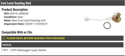 Fuel Level Sending Unit - Compatible with 1971-1979 Volkswagen Super Beetle in Saudi Arabia