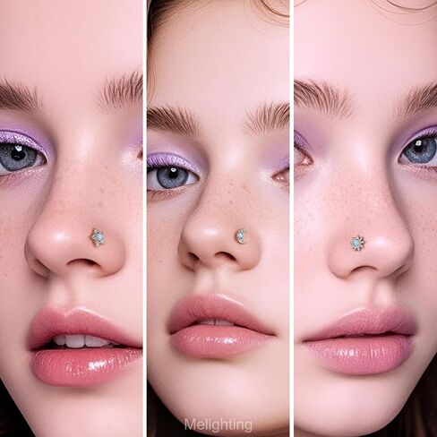 Meiighting 3pcs 20g مجموعة خاتم الأنف على شكل حرف L ، نجم 7 ملم وأزرار أنف القمر ، الفولاذ المقاوم للصدأ 316 لتر مع أوبال أبيض وزركون ، مجوهرات ثقب الأنف السماوية للنساء in Saudi Arabia